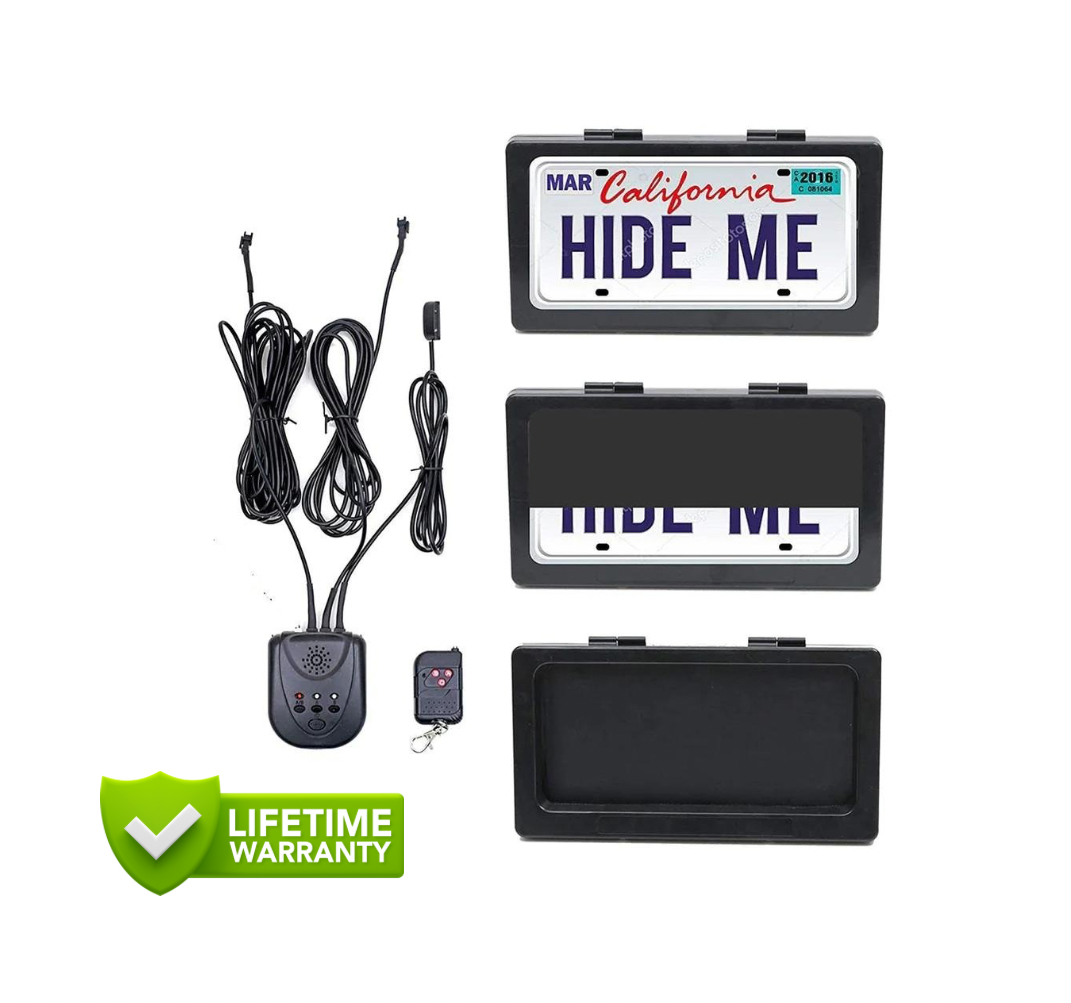 License plate hiding system with cables, remote control, and cover on a white background.