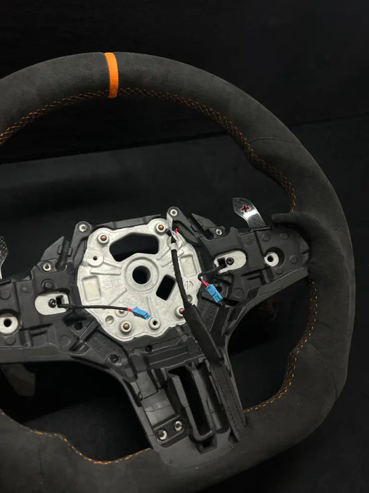 ALCANTARA G SERIES M-SPORT STEERING WHEEL W/ ORANGE STRIPE - Norcal Dynamics 