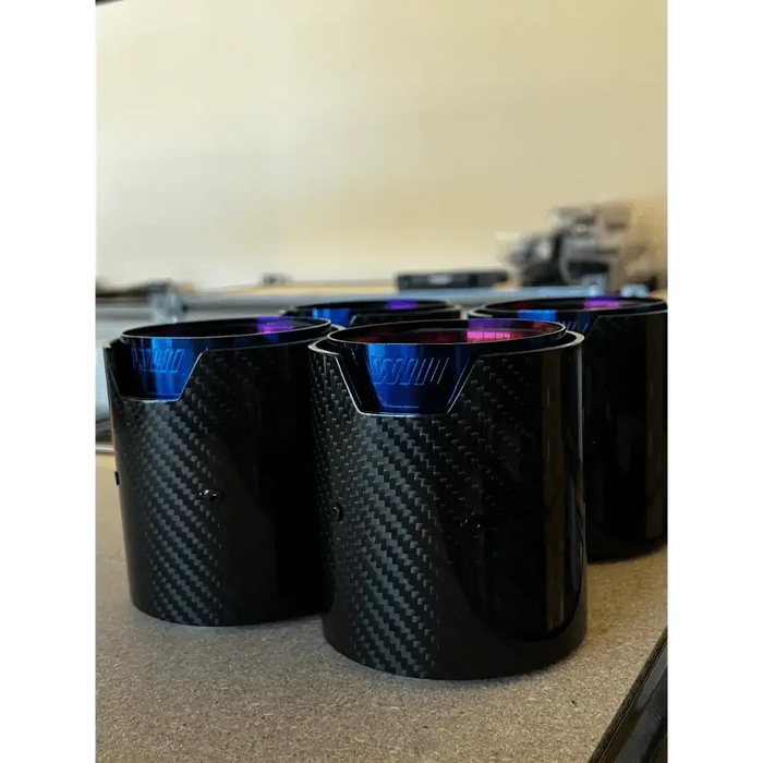 BMW M2 M3 M4 CARBON FIBER STAINLESS BLUE BURNT EXHAUST TIPS 4PC - Norcal Dynamics