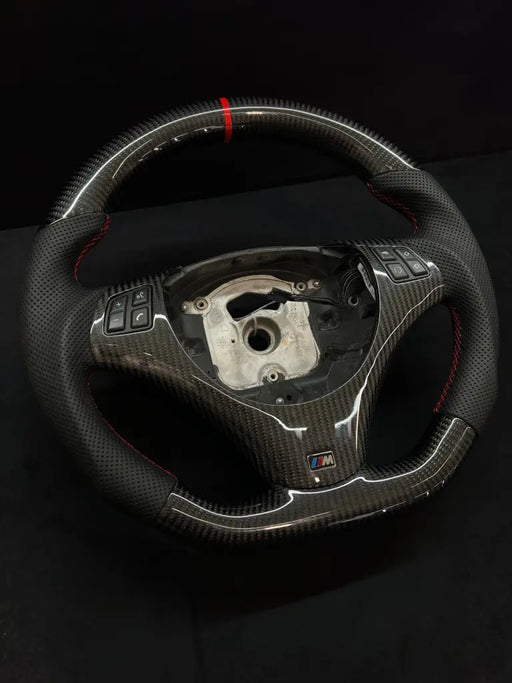 E SERIES CARBON FIBER STEERING WHEEL M BADGE W/ RED STRIPE - Norcal Dynamics 