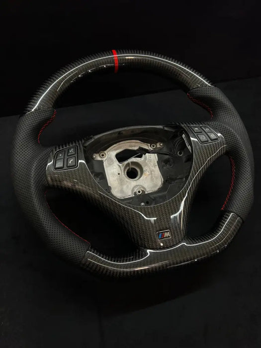 E SERIES CARBON FIBER STEERING WHEEL M BADGE W/ RED STRIPE - Norcal Dynamics 