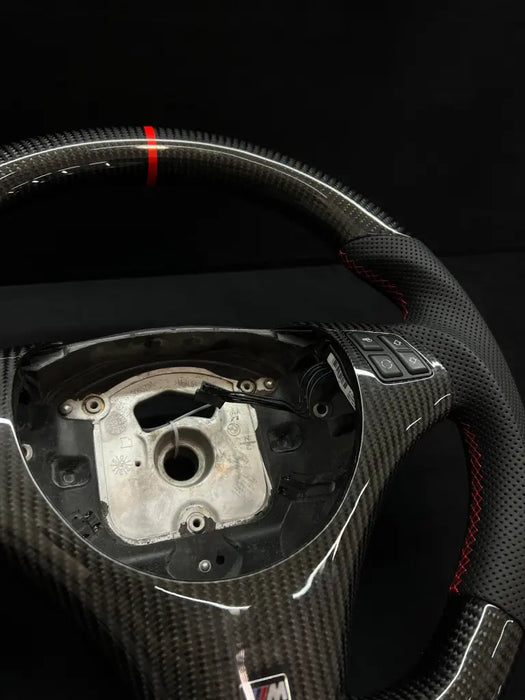 E SERIES CARBON FIBER STEERING WHEEL M BADGE W/ RED STRIPE - Norcal Dynamics 