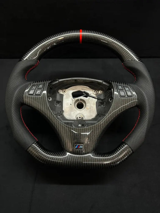 E SERIES CARBON FIBER STEERING WHEEL M BADGE W/ RED STRIPE - Norcal Dynamics 