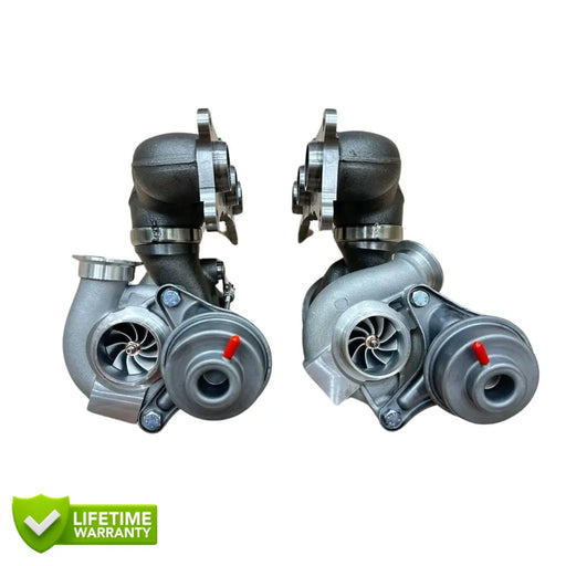 Two turbochargers on a white background with a lifetime warranty badge, BMW N54, 17t, 19t, turbos