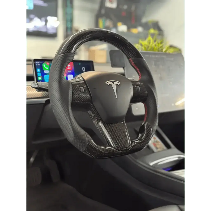 Tesla Model 3 Carbon Fiber Steering Wheel-Red Stitching - Norcal Dynamics