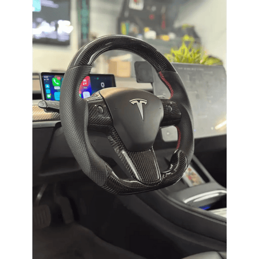 Tesla Model 3 Carbon Fiber Steering Wheel-Red Stitching - Norcal Dynamics